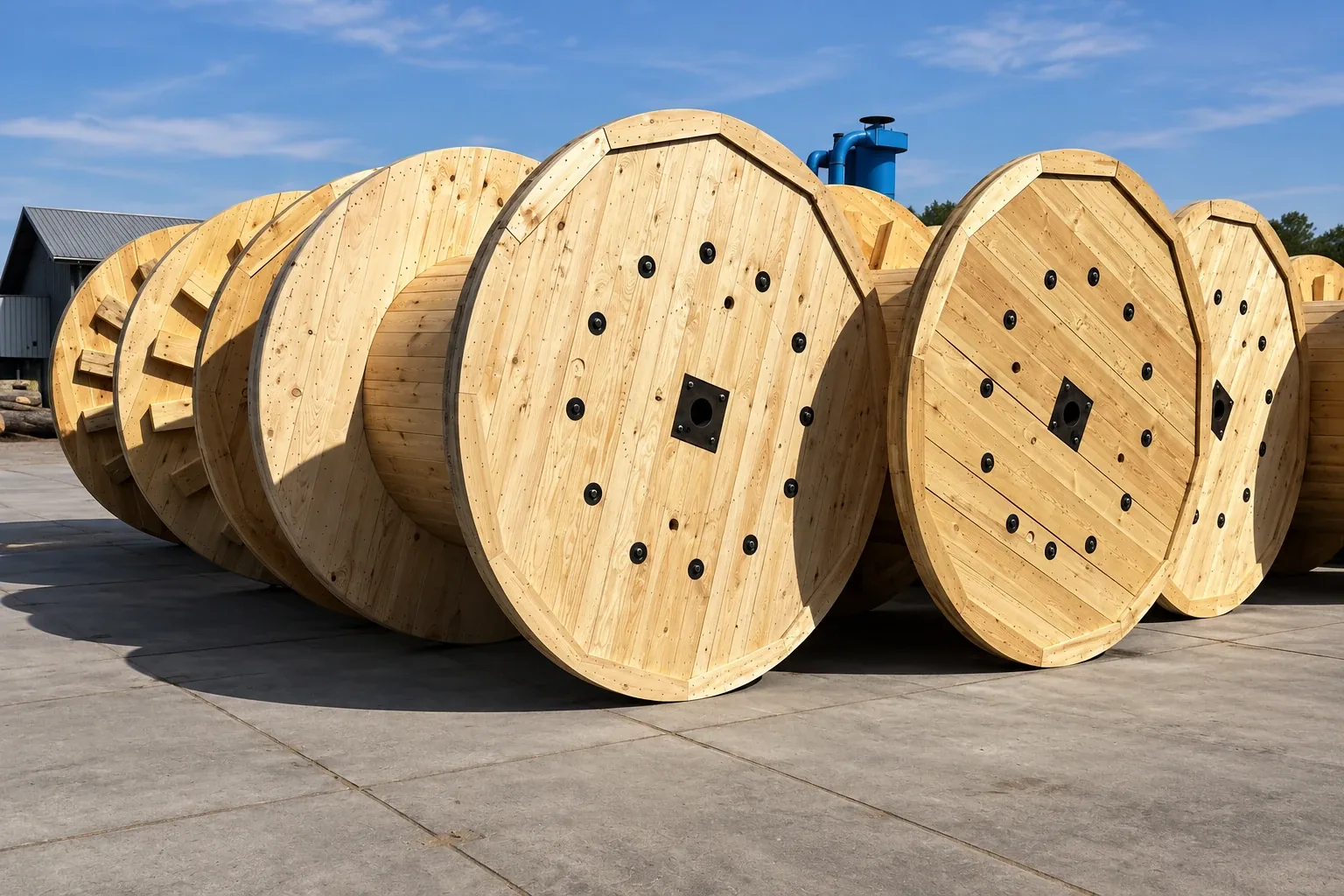 Drewniane bębny kablowe z sosny Ø 600–3200 mm na placu producenta Fallwood