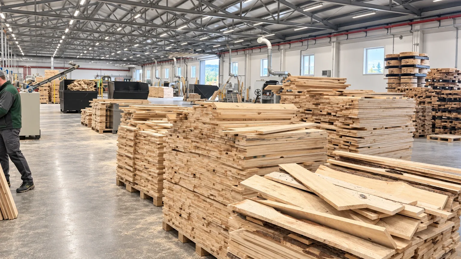 Fallwood – pacchi di legname di pino nel capannone produttivo