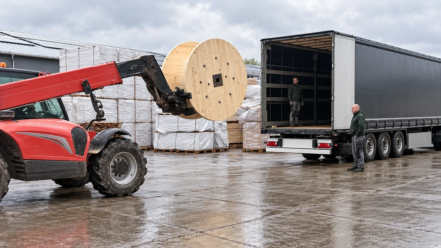 Fallwood – telehandler loading a wooden cable drum into the trailer